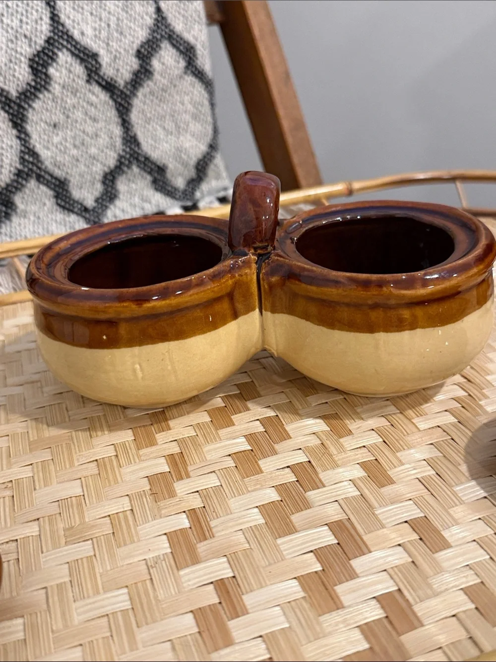 Vintage Taiwan Double Condiment Jar Set Brown Stoneware Relish Jam W/ Spoons